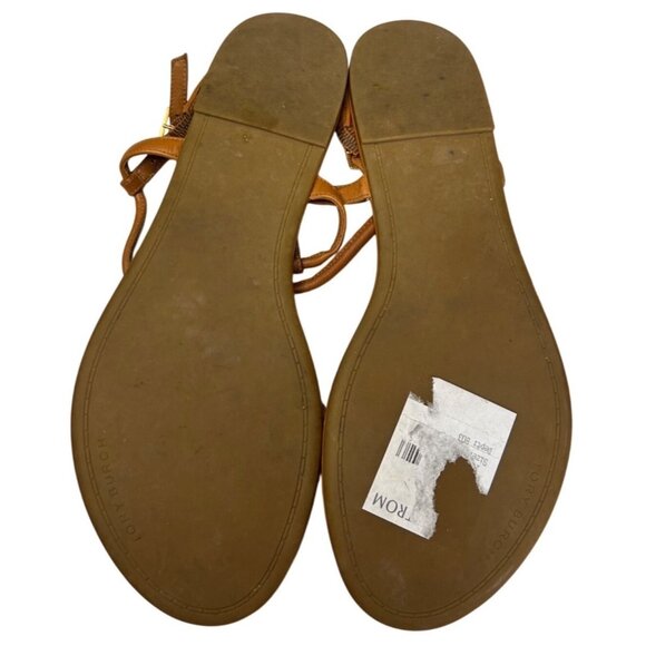 Tory Burch Emma T-Strap Flat Sandals – Brown Leather with Gold Logo – Women’s Si - Picture 9 of 13